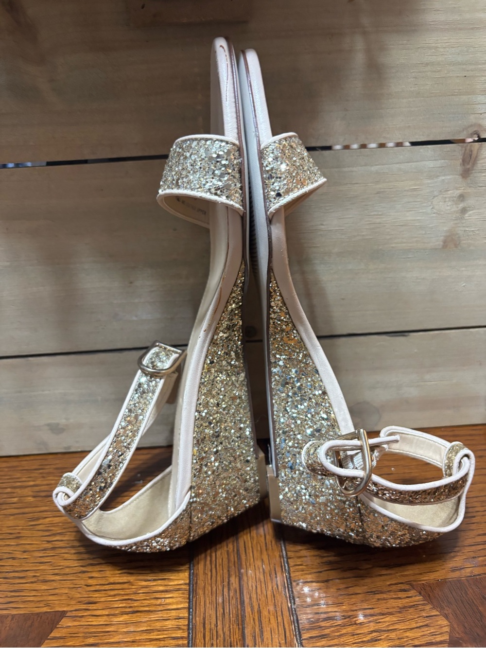 J. Crew Lillian Metallic Glitter Ankle Straps Low Wedges Made in Italy